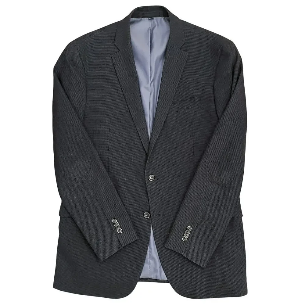 Jos A Bank Linen Cotton Houndstooth Blazer 40L Navy Tailored Fit Elbow Patches